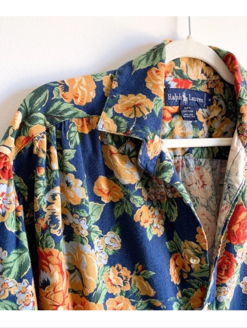 Ralph Lauren Floral Print Button-Up Shirt Navy with Yellow & Red Flowers Size 8 - Picture 5 of 16